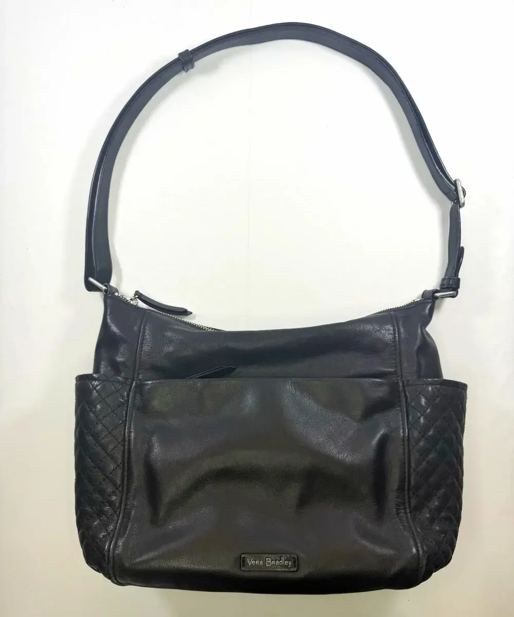 Vera Bradley Black Shoulder Bag Zip Top Quilted Stitching Lined Pockets
